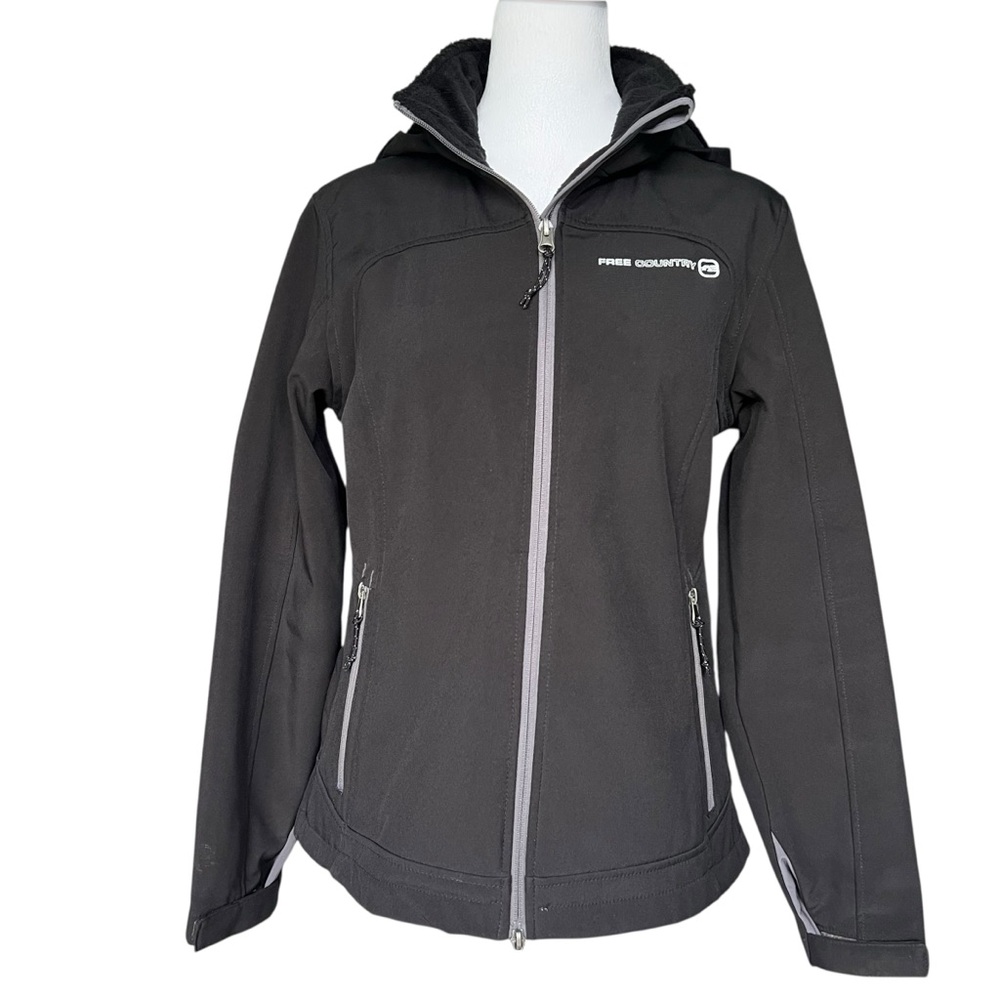 Free Country Softshell Black Jacket Coat Womens Small Hooded Stretch Zip Pockets